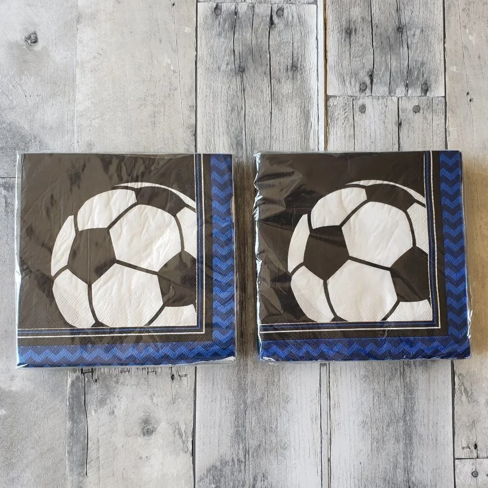 NWT - Soccer Paper Napkins Black Blue and White (48)